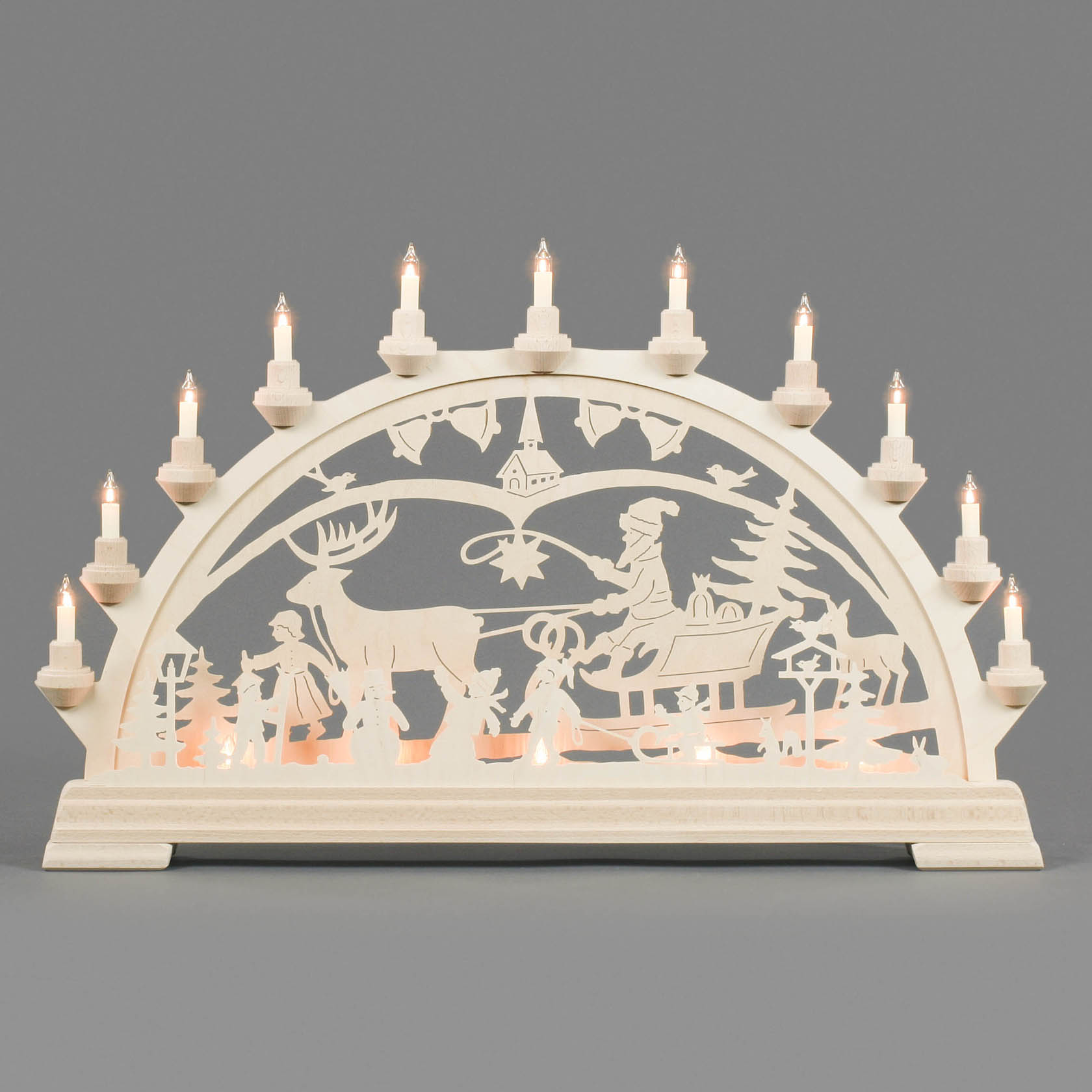 Erzgebirge Schwibbogen mit Weihnachtsgespann und Winterkindern, elektrisch beleuchtet, ca. 63 x 40 cm, Holz