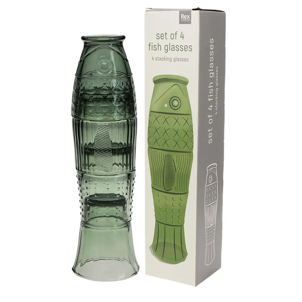 Stapelbare Glasbecher (4er-Set) – Grüner Fisch