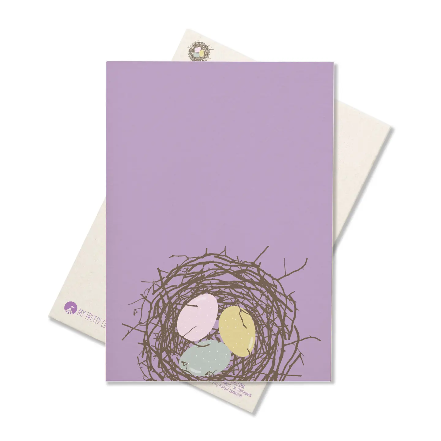 Osterkarte Osternest, lila Osterkarte mit Ostereiern