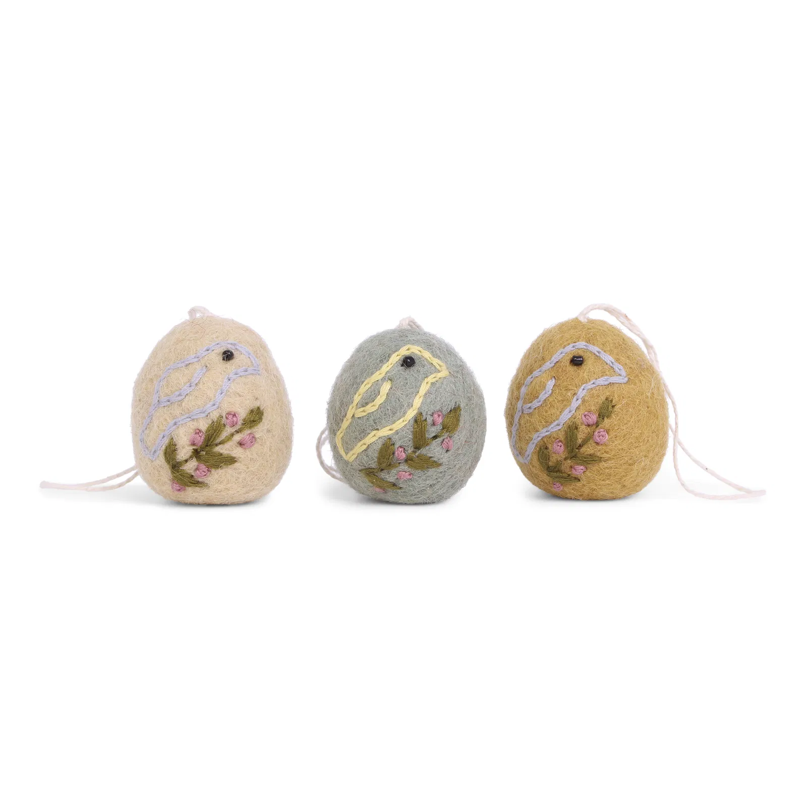 Gry & Sif 3er Set Eier aus Filz "Vögel" zum Hängen, Eggs Bird - Set of 3, Fair Trade , ca. 3 cm  
