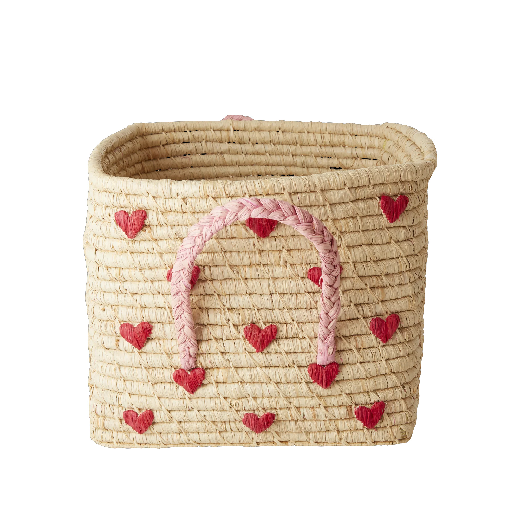 RICE Raffia Korb viereckig Herzen, ca. L30 x W30 x H25 cm