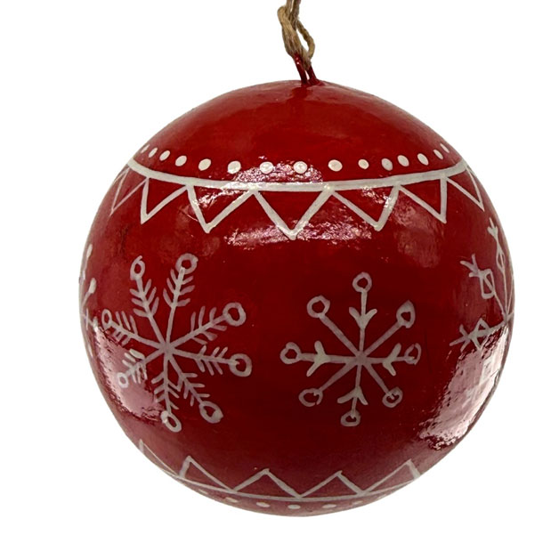 Weihnachtskugel Pappmaché SNOW, Rot, ca. 7 cm, HANDPAINTED ORNAMENT Snow