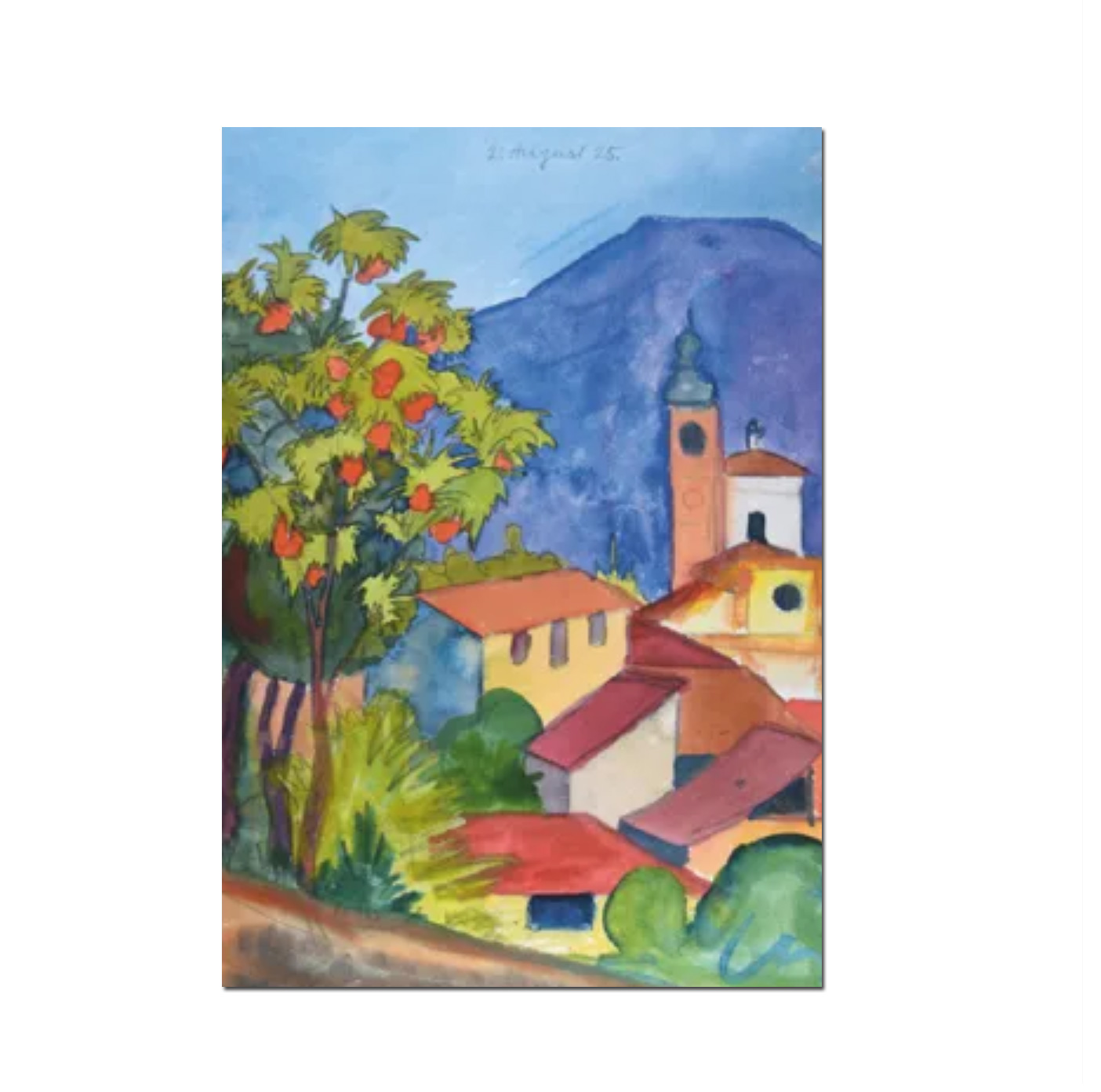 Doppelkarte  "Tessiner Häuser mit Kirche, rot blühendem Baum + Berge, 1925" von Hermann Hesse 