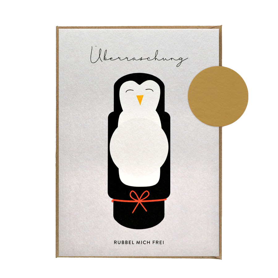 Rubbelkarte ÜBERRASCHUNG PINGUIN von Kartenmarie mit goldenen Rubbel-Sticker, zur Geburt