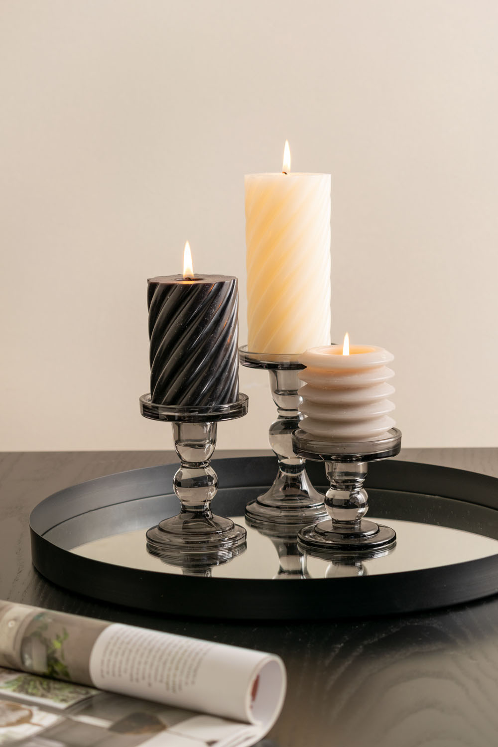 Kerzenständer Glas grau, Höhe ca.9,5 cm, D. ca. 8,5 cm, für Stumpenkerzen