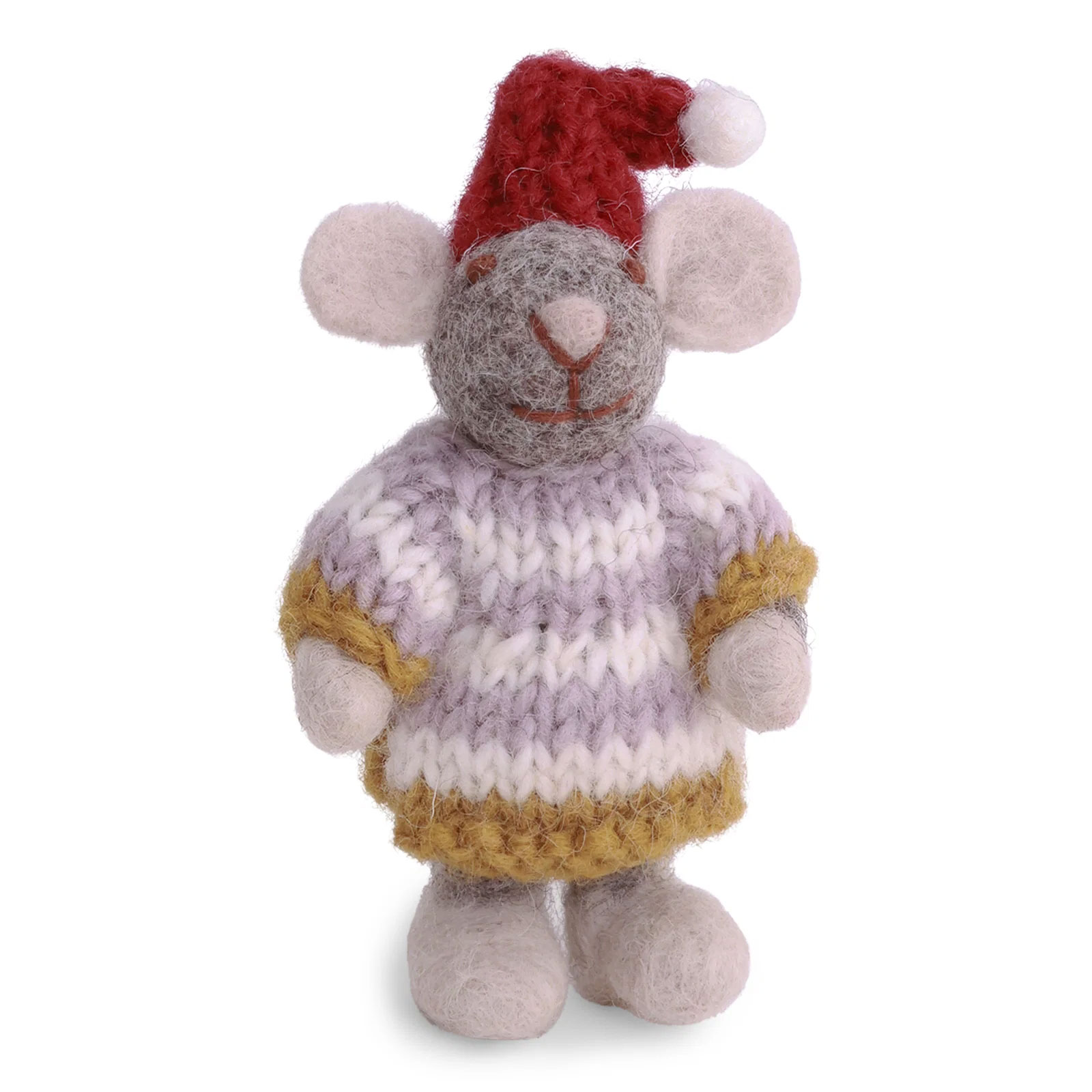 Gry & Sif Weihnachtsmaus Mädchen mit gestreiftem Kleid, ca.8 cm, Mini Grey Girly Mouse w/Striped Dress