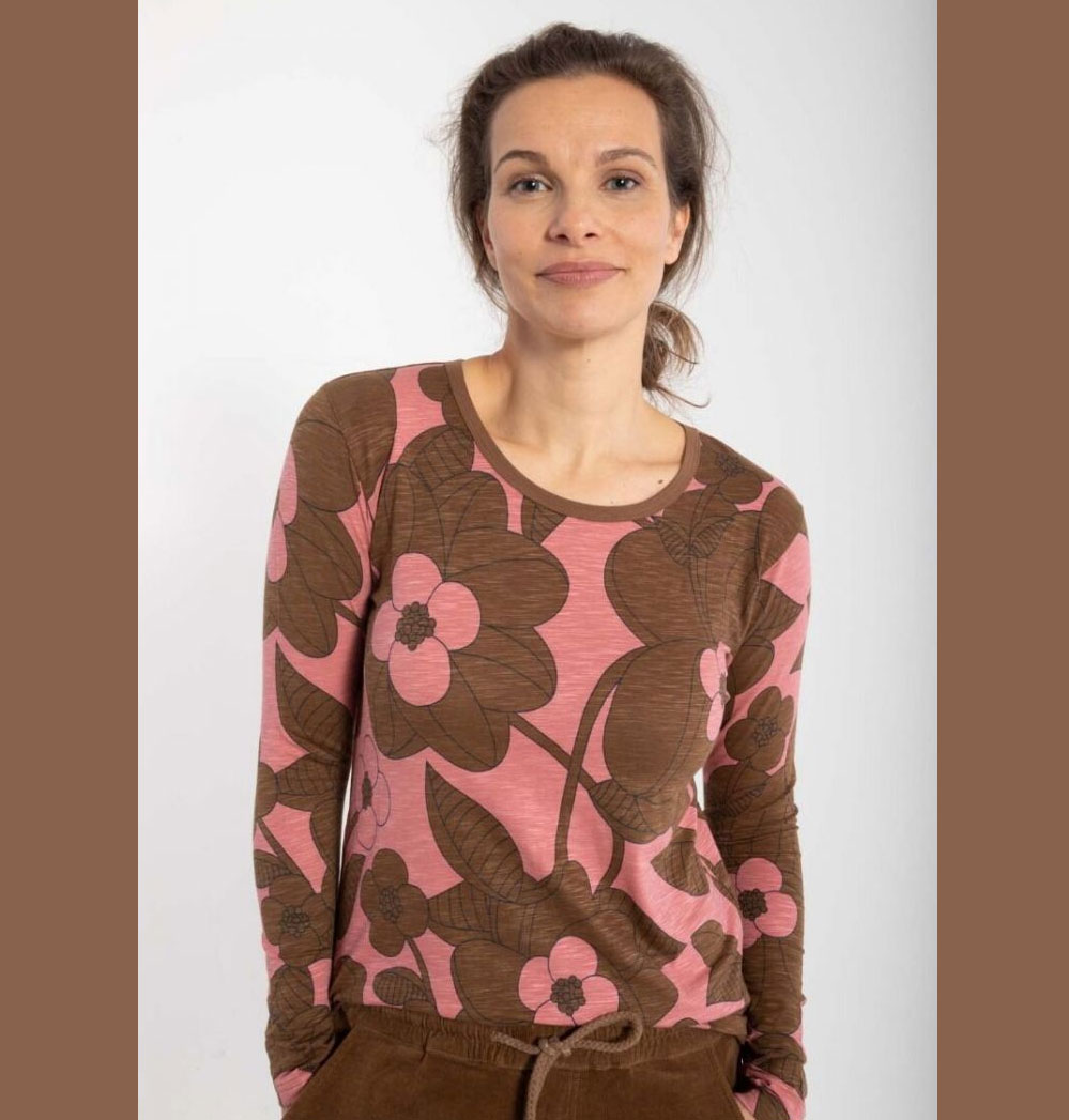 Danefae Shirt langarm Bloom Boom braun-rosé, ORGANIC - Danelotte Tee Beige Rose BLOOM BOOM