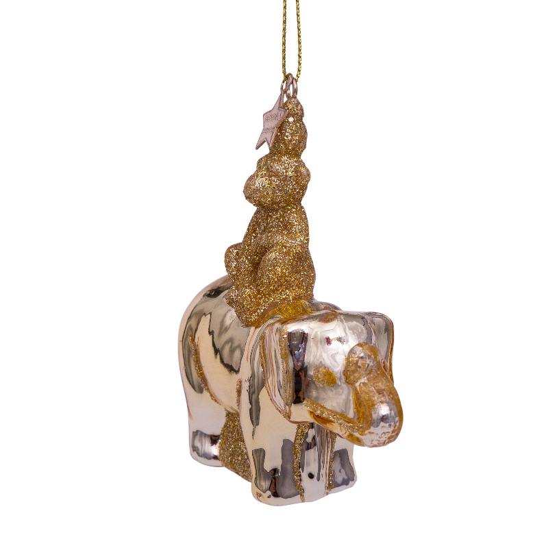 % Weihnachtsanhänger Ornament Glas goldglänzend Elefant mit Affe,  H. ca. 9 cm, Glas von vondels