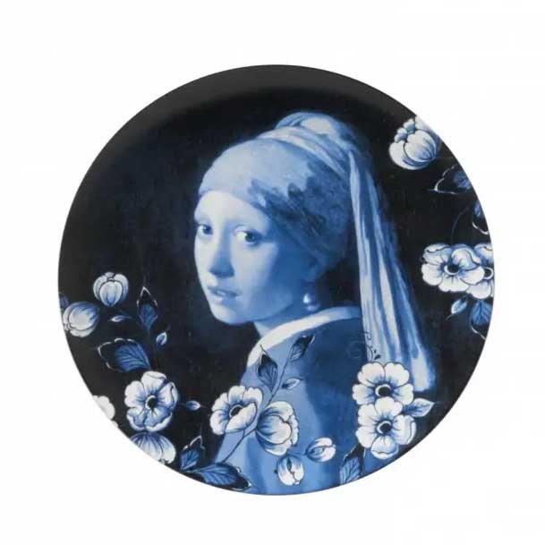 % Wandteller Vermeer & Flowers, D. ca 26 cm von Heinen Delfts Blauw, Holland, Niederlande   