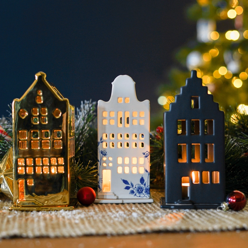 % Lichthaus House, Treppengiebel, Gold, Höhe . ca. 16,5 cm von Heinen Delfts Blauw, Holland, Niederlande  