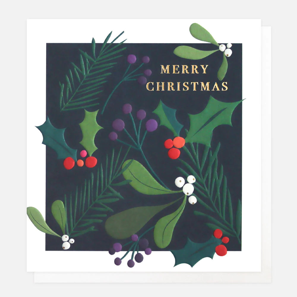 Caroline Gardner Weihnachtskarte " foliage of holly, mistletoe and pine, Merry Christmas " schwarz