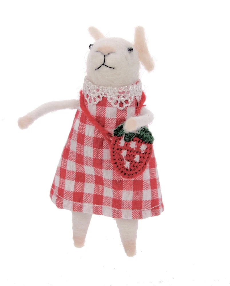 Filz Maus im rotkariertem Kleid mit Erdbeertasche ca. 6x7x11cm