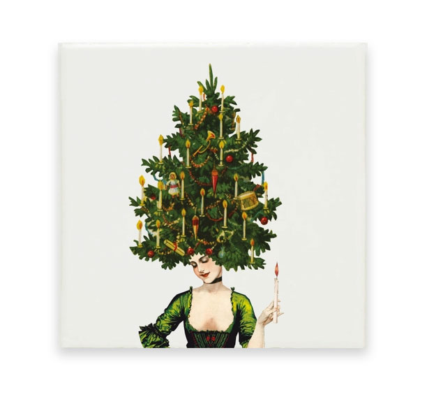 Wandfliese Collage Dame mit Weihnachtsbaum auf dem Kopf von Lylies, ca.  13 x 13 cm