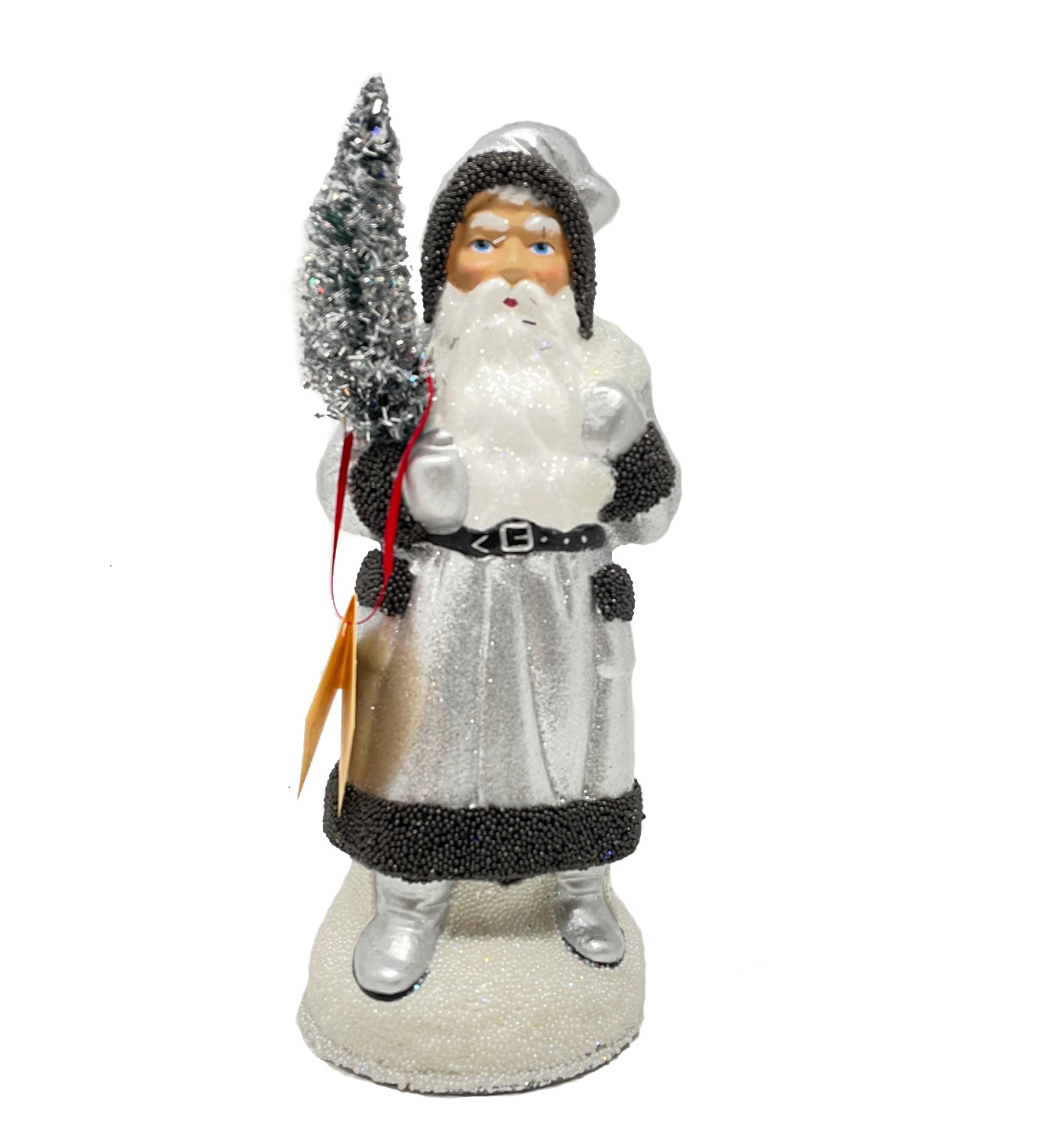 Ino Schaller Santa Nr. 65, Silber Glitter, Rand Schwarz Geperlt,  Weihnachtsmann Nostalgie von Ino Schaller, ca. 23 cm