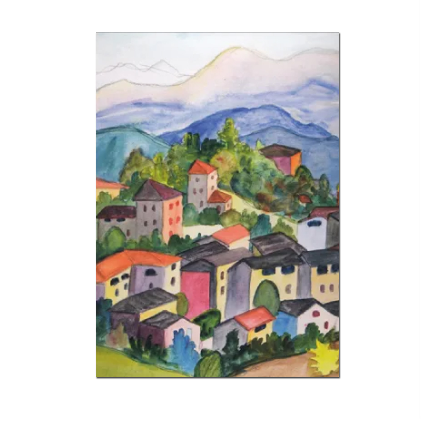 Postkarte  "Tessiner Dorf mit Bergen, 1926" von Hermann Hesse  