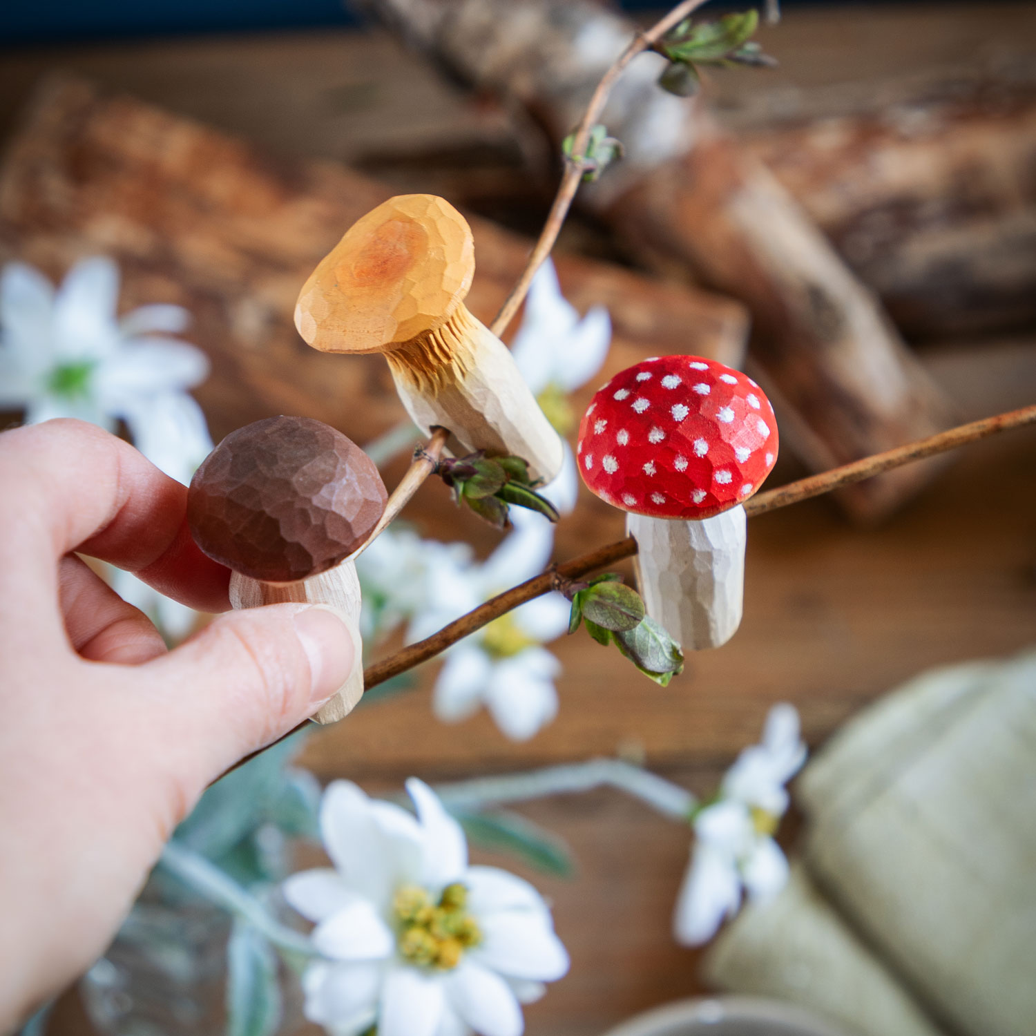 Dekor Wald – Pilze (Fliegenpilz, Pfifferling, Steinpilz)3er Set aus  Lindenholz handgeschnitzt von Wildlife Garden