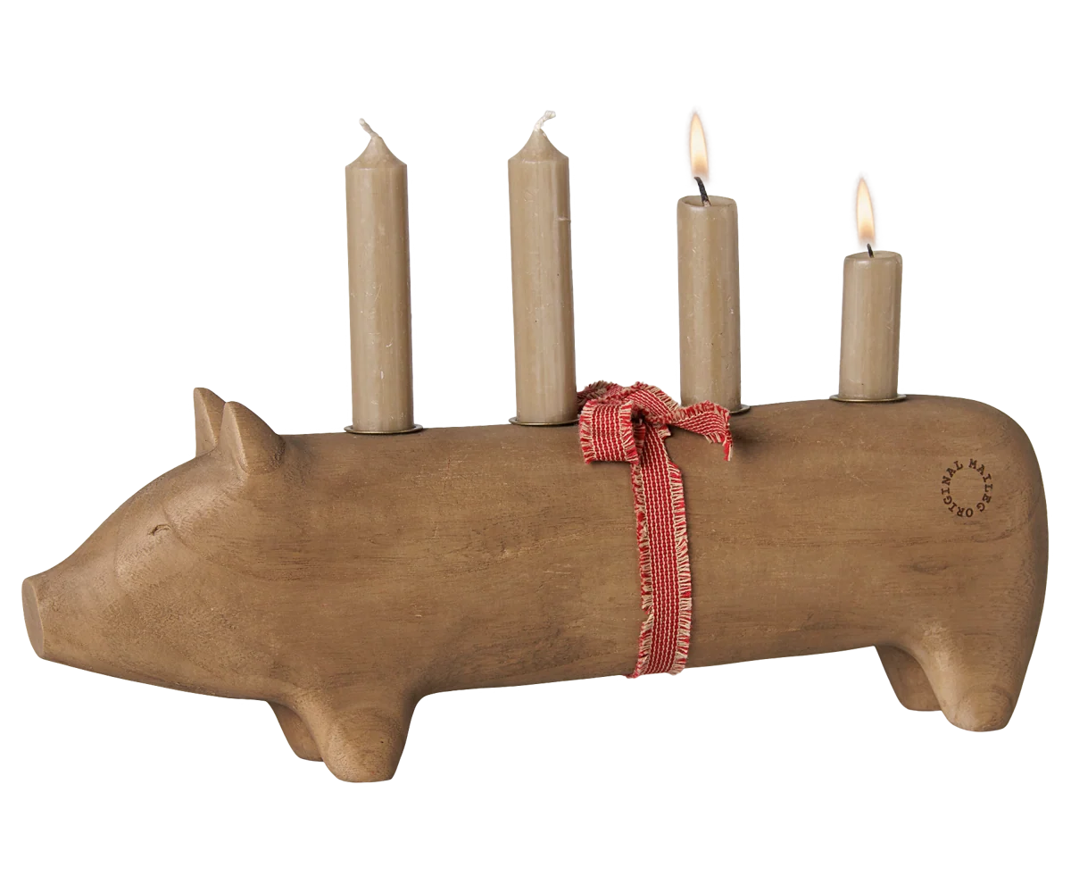Maileg Holzkerzenhalter, Schwein, Advent groß – Natur