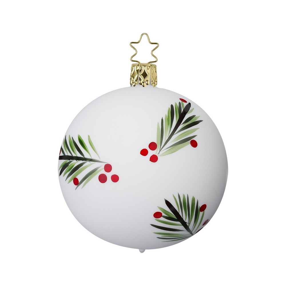 Inge Glas Christbaumkugel TANNENZWEIGE, porzellanweiß matt, D.  6 cm, Traditionelles Rot