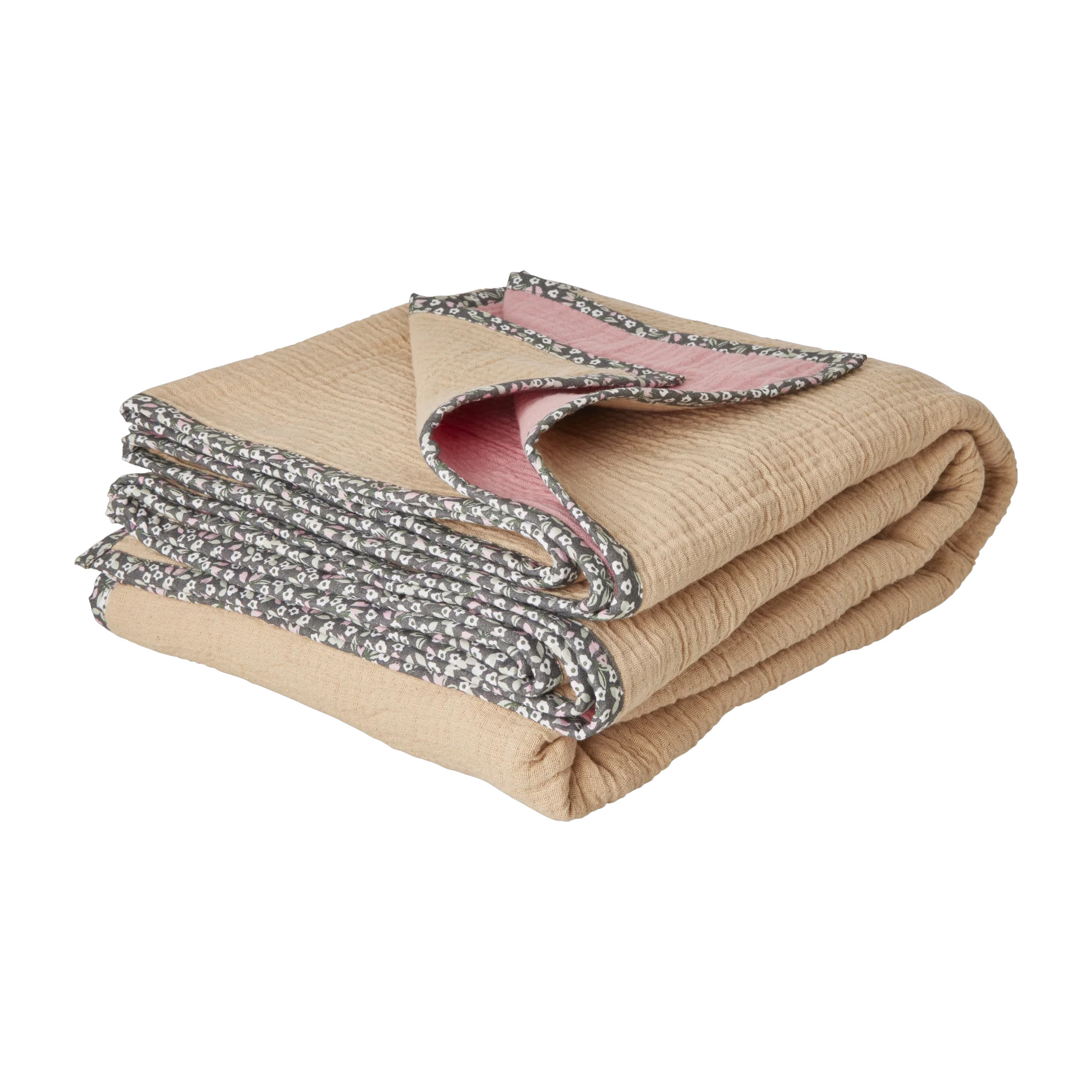 Rice Plaid Baumwolle Cotton Crinkle Plaid with Flower Edge in Beige and Soft Pink, ca. 140 x 200 cm