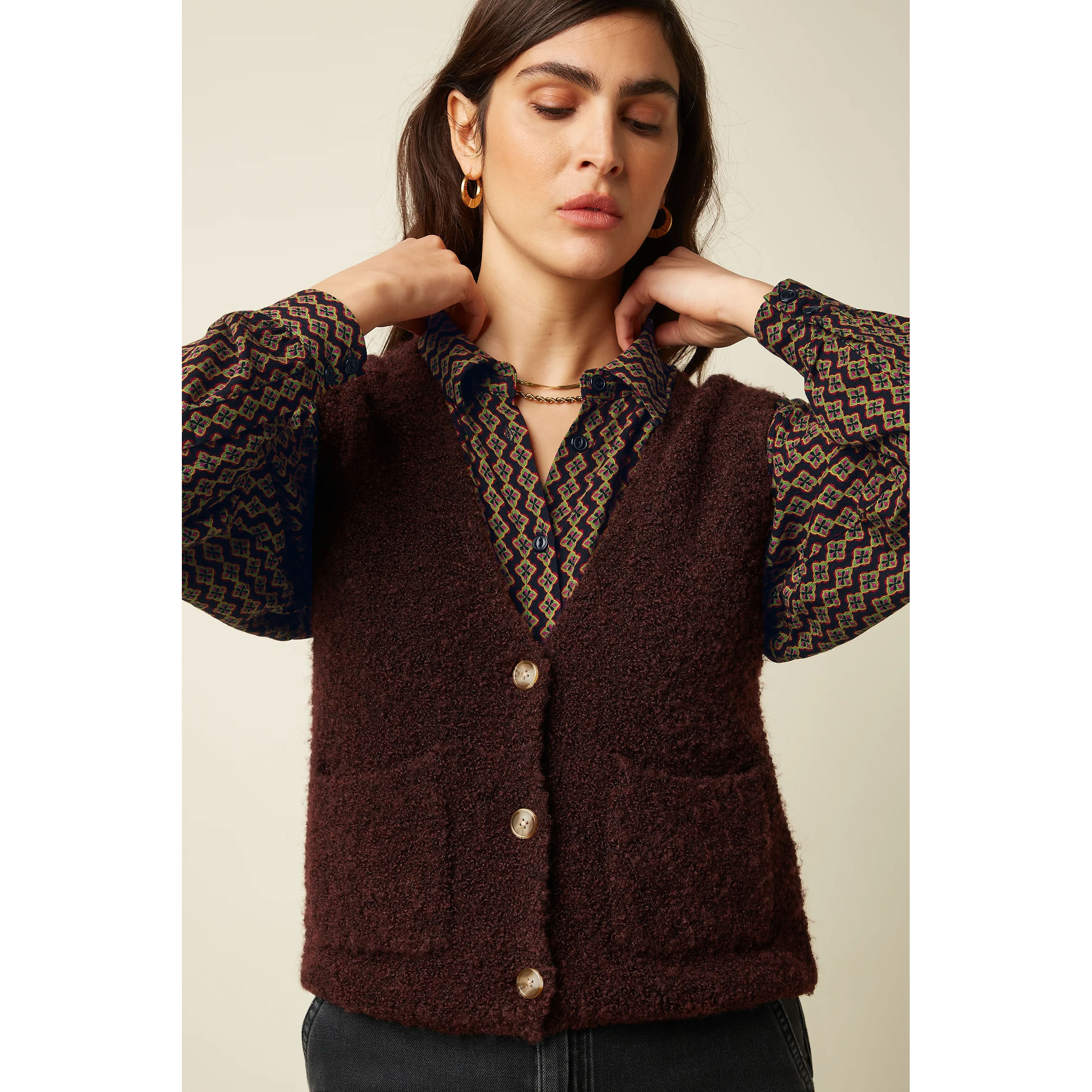 King Louie Vania Vest Boucle Knit, Weste, Farbe Grape Red - Boucle Knit