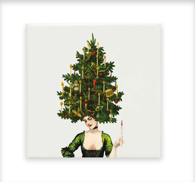 Wandfliese Collage Dame mit Weihnachtsbaum auf dem Kopf von Lylies, ca.  13 x 13 cm