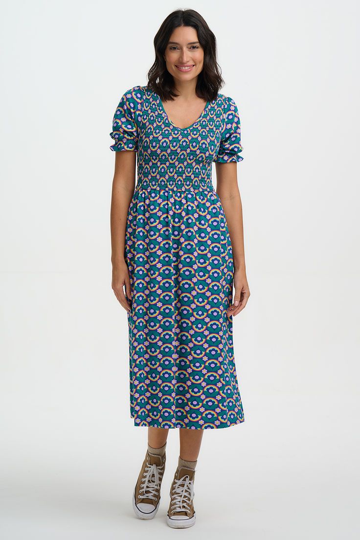 % Sugarhill Brighton Daphne Shirred Jersey Midi Dress - Navy, Kaleidoscope Daisy