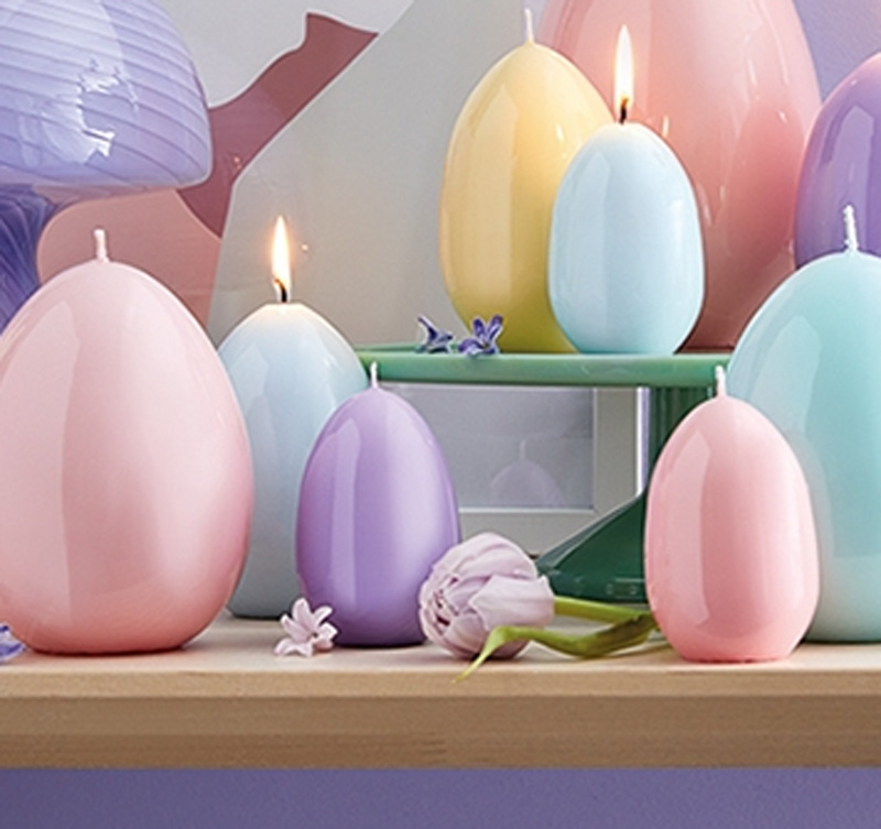 Engels Kerzen Eierkerze gelackt,  Höhe ca. Ø6 H9 cm, Farbe: Flieder...auf dem Bild vorne