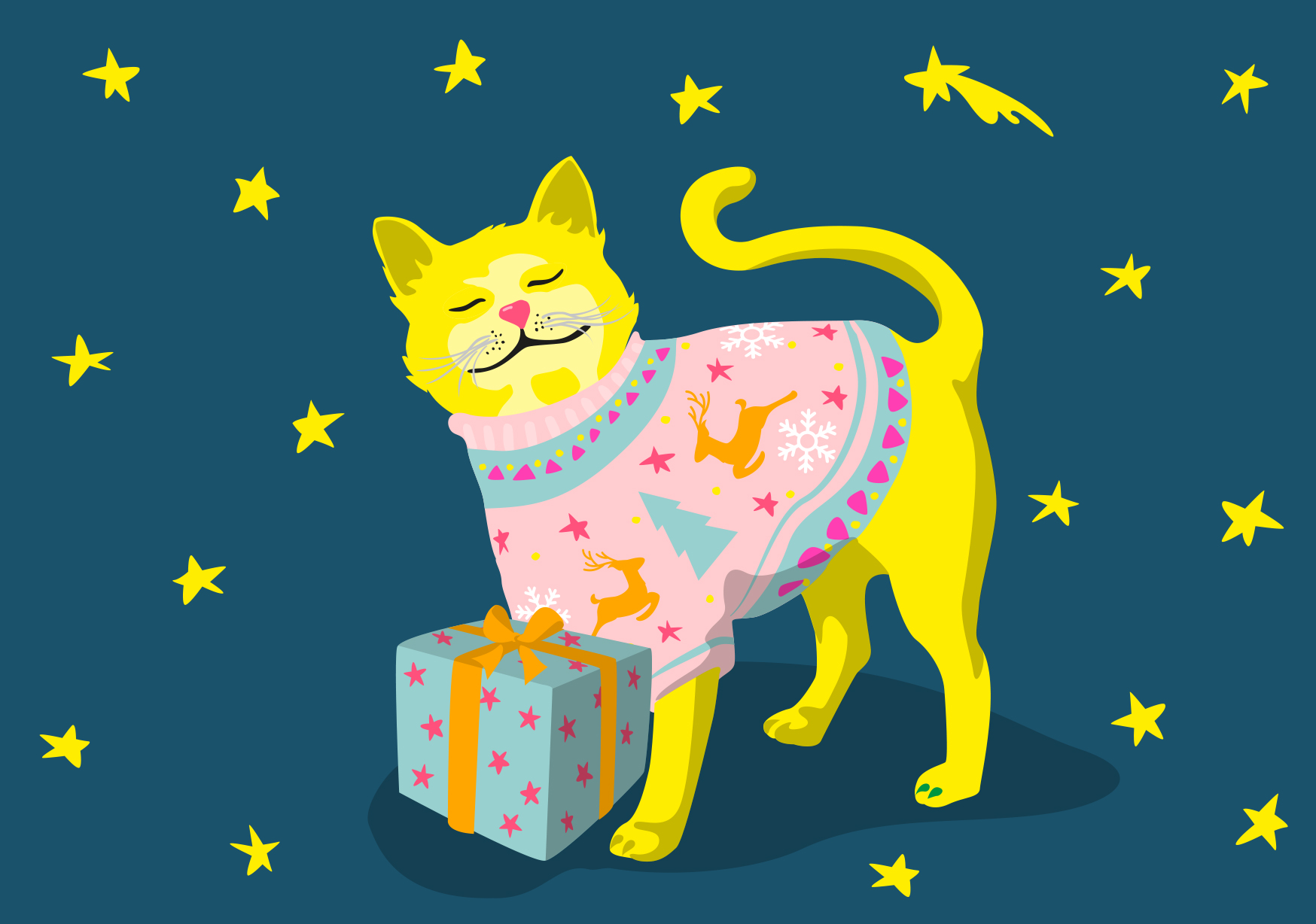 Postkarte XMAS Winter Cat , Katze, neon, luminous ...so süß!