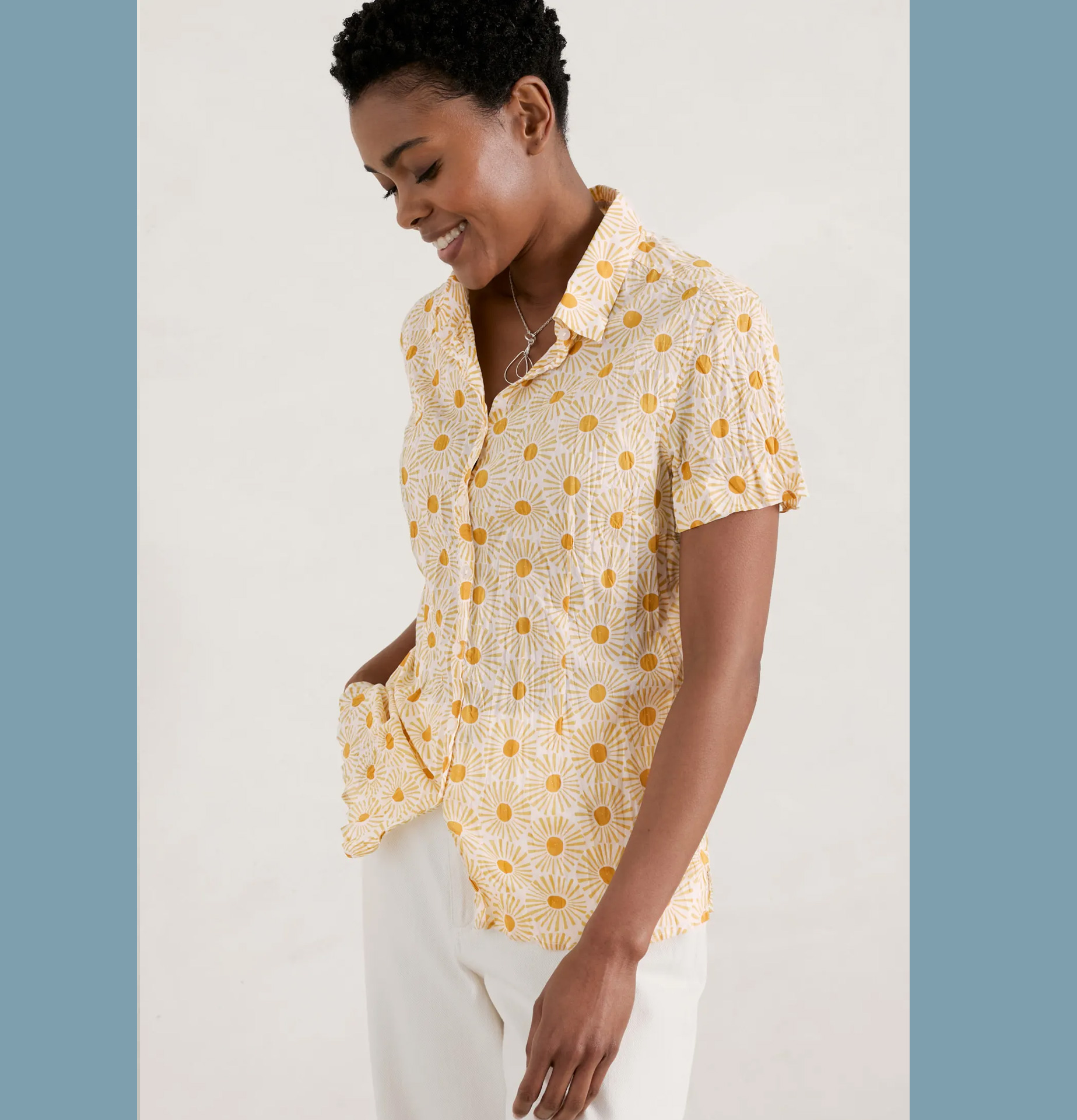 SEASALT Bluse Mrs Treloar Short Sleeve Shirt, Sun Stamp Chalk