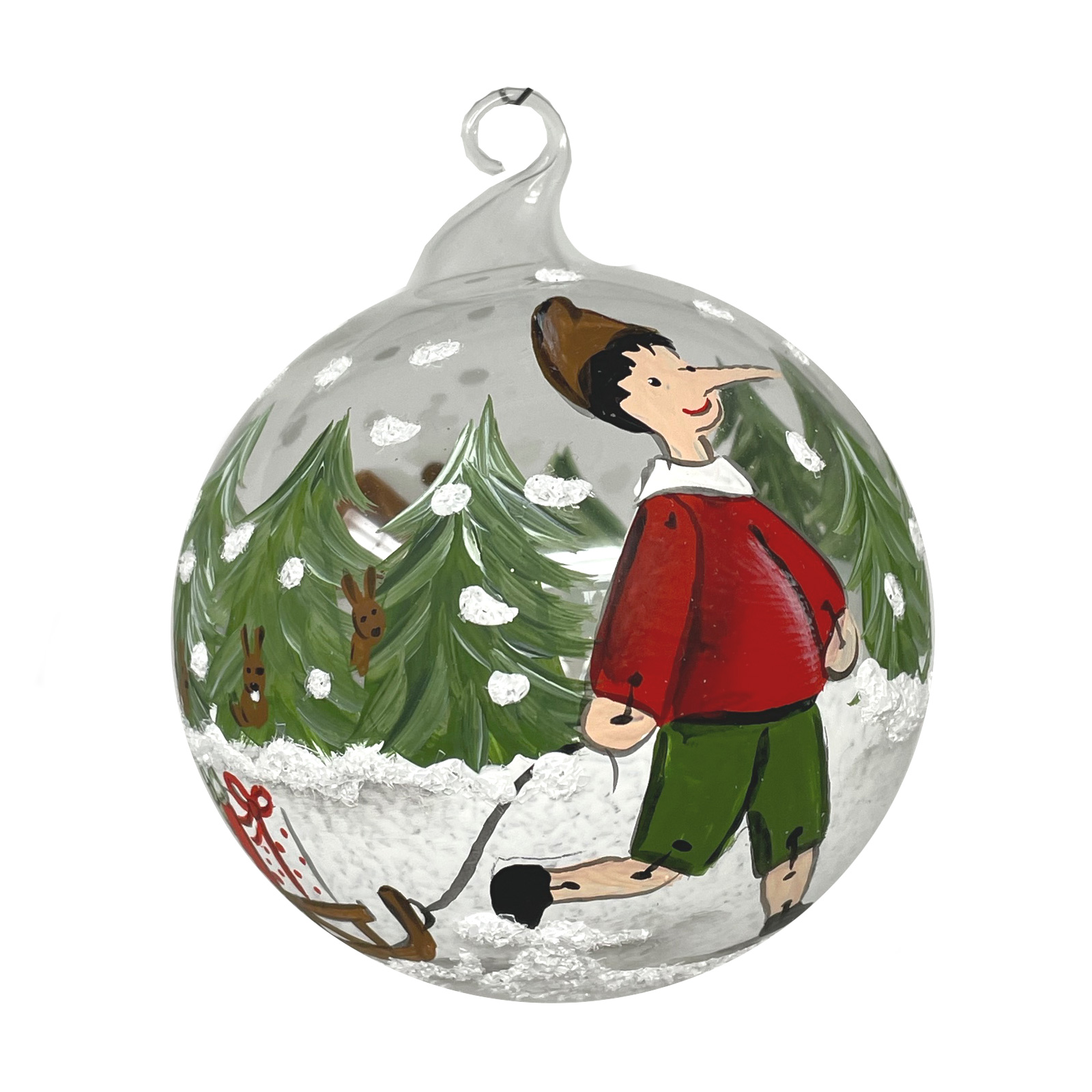 Weihnachtskugel Pinocchio mit Schlitten ca. 8 cm, Kugel klar mit Glasöse, wundervoll von Hand bemalt. 