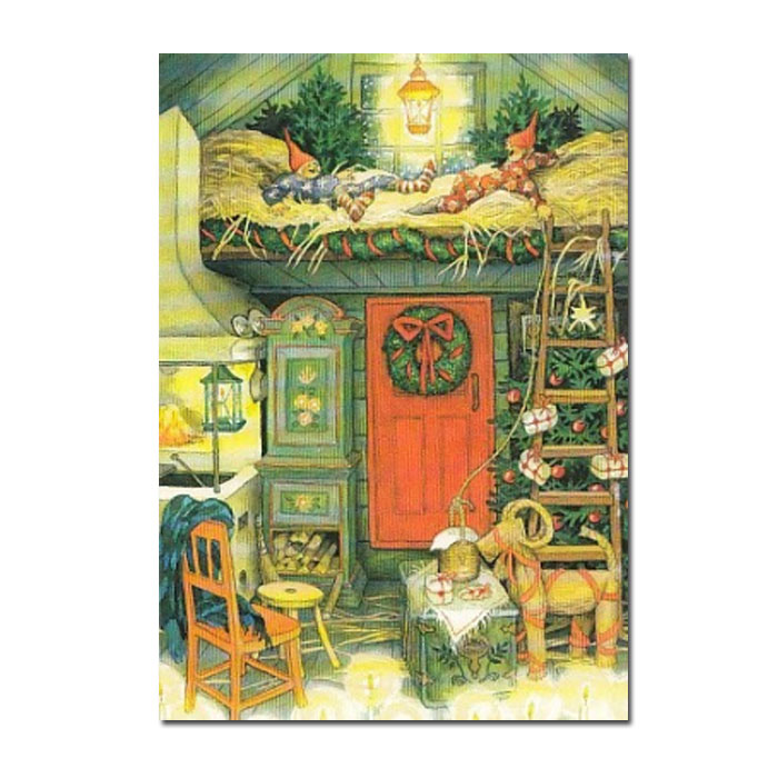 Postkarte Inge Löök "Zwerge im Strohbett "  Löök Postkarte Weihnachten