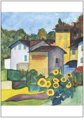 Postkarte  "Tessiner Dorf mit Sonnenblumen, 1927" von Hermann Hesse   