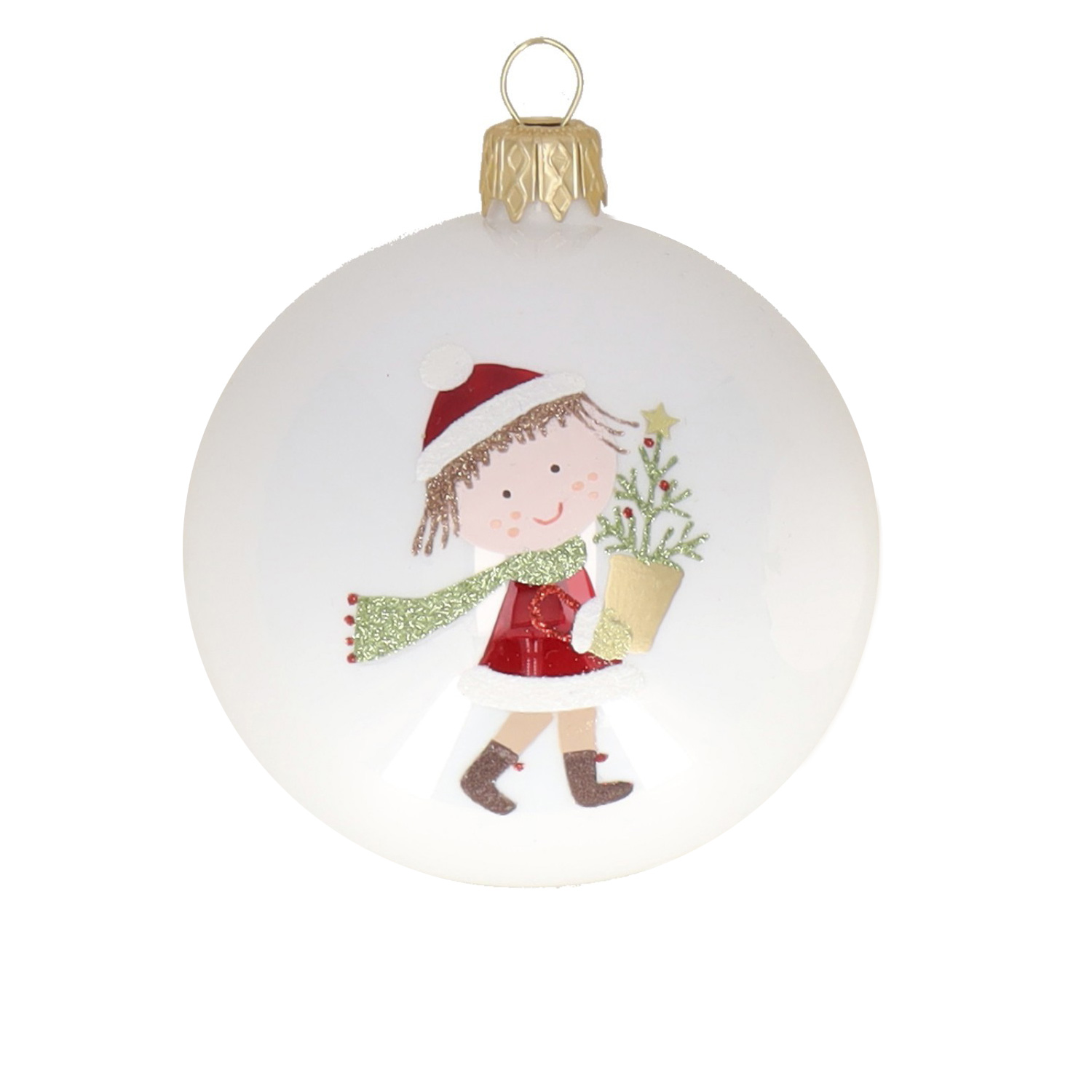 Weihnachtskugel "Mina" rot-weiß, D. ca. 8 cm, handbemalt, weiß glänzend 