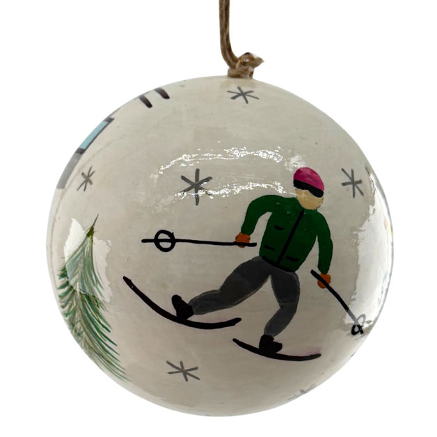 Weihnachtskugel Pappmaché Skilanglauf, ca. 7 cm, HANDPAINTED ORNAMENT SKI