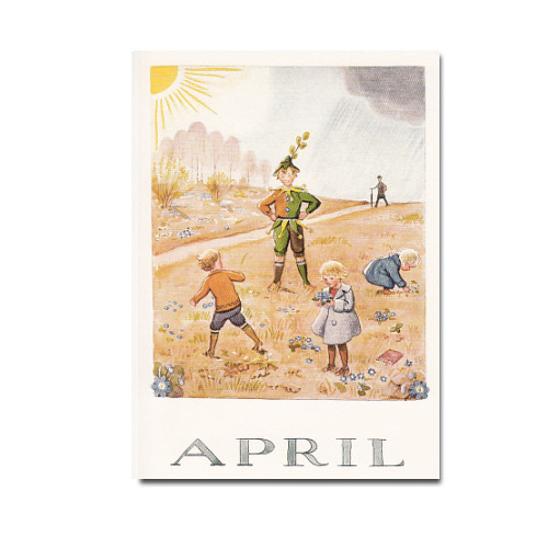 Postkarte -April (Kinder pflücken Blumen) , Monat 