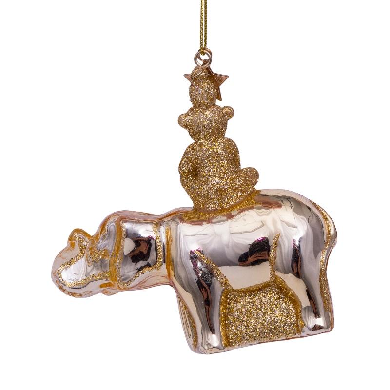 % Weihnachtsanhänger Ornament Glas goldglänzend Elefant mit Affe,  H. ca. 9 cm, Glas von vondels