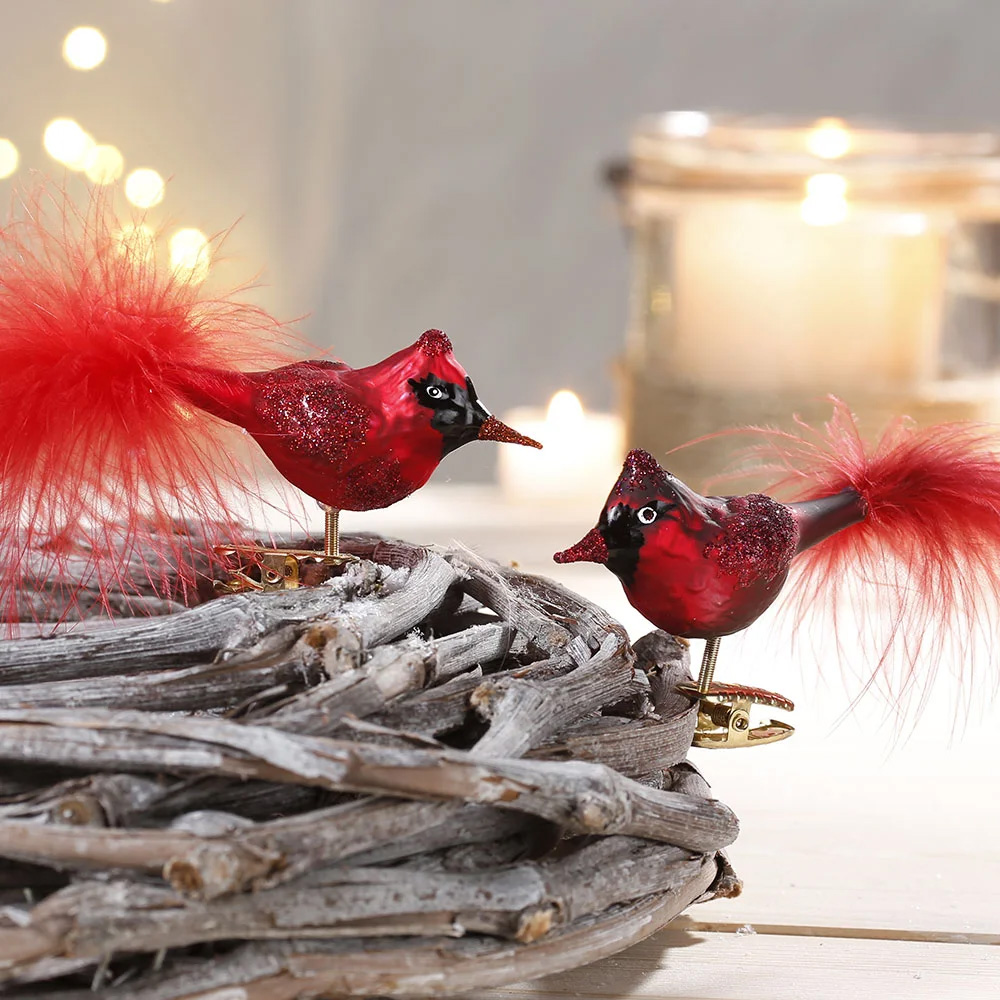 Inge Glas Weihnachtsbaumschmuck Vogel Roter Kardinal, ca. 8 cm plus Feder , Glas Inge Glas Weihnachtsbaumschmuck Vogel Roter Kardinal, ca. 8 cm plus Feder , Glas