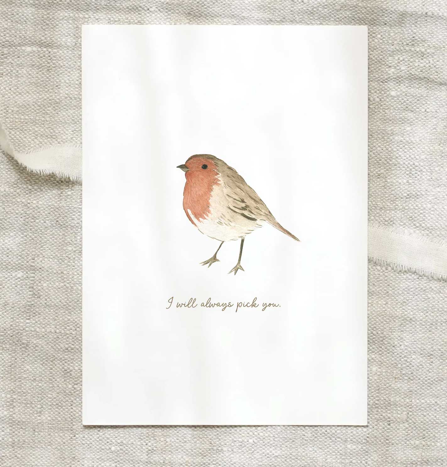 Leo la Douce Postkarte Rotkehlchen " I will allways pick you "