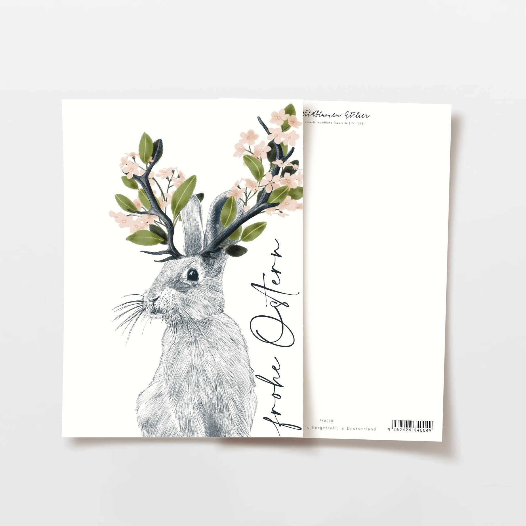 Postkarte Frohe Ostern Hase mit Blumen vom Wildblumen Atelier 