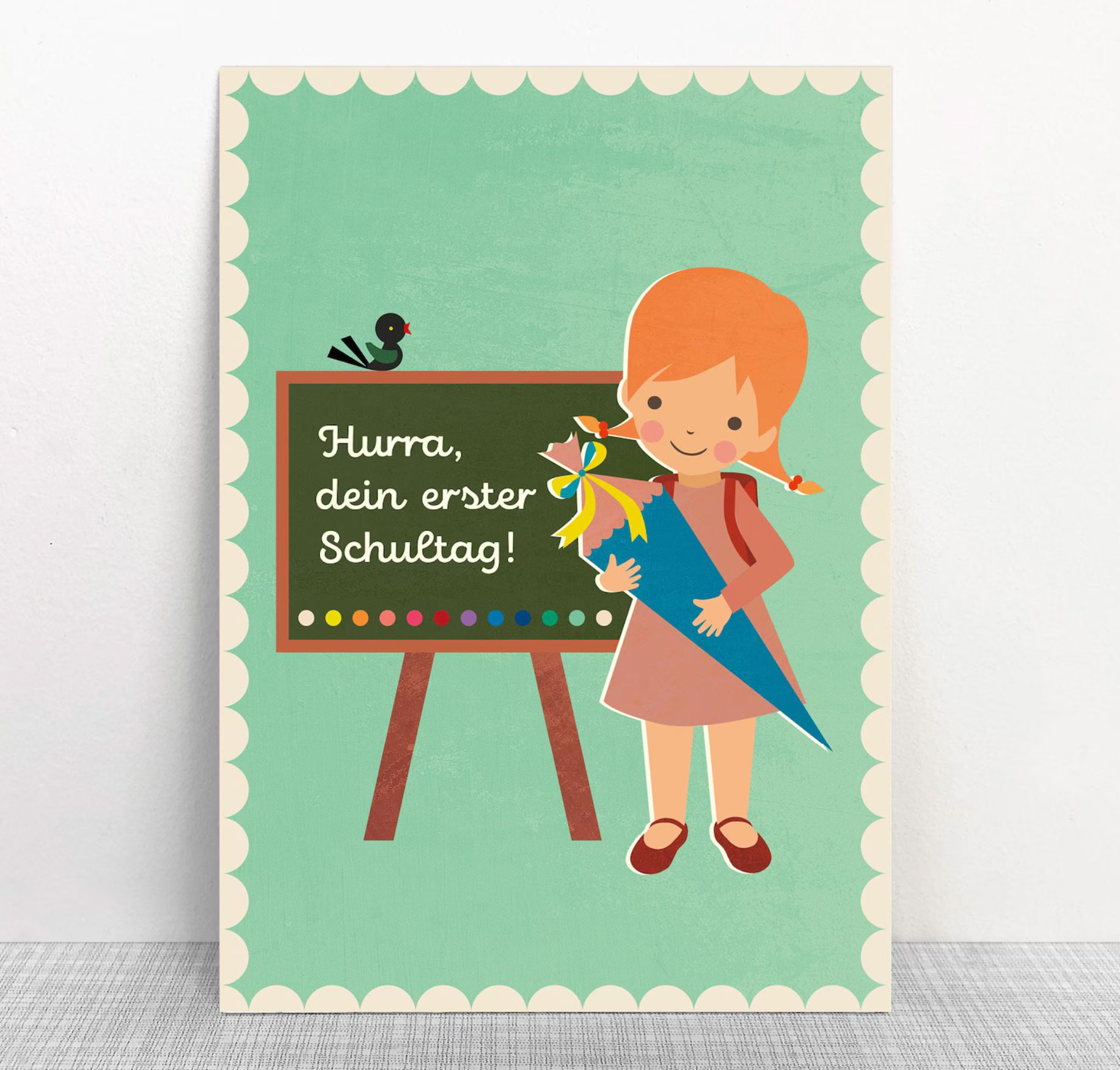 Monimari Postkarte Einschulung,"Erster Schultag" Mädchen, Holzschliffpappe von Monimari