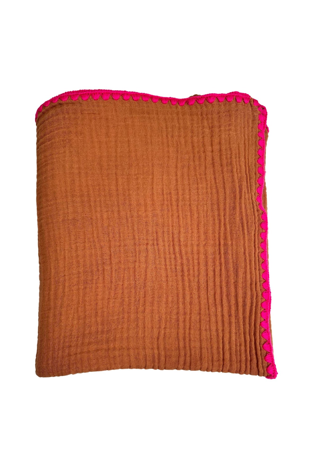 Musselin Decke Rosenholz ca. 130x130 cm, Rand umhäkelt in Neon Pink