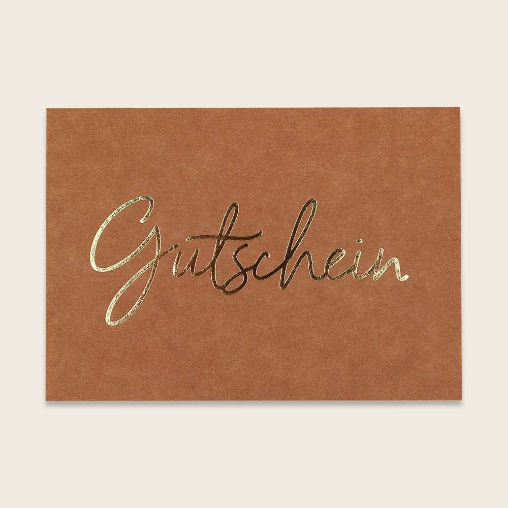 Postkarte rost mit Goldprägung „Gutschein" von Ava & Yves