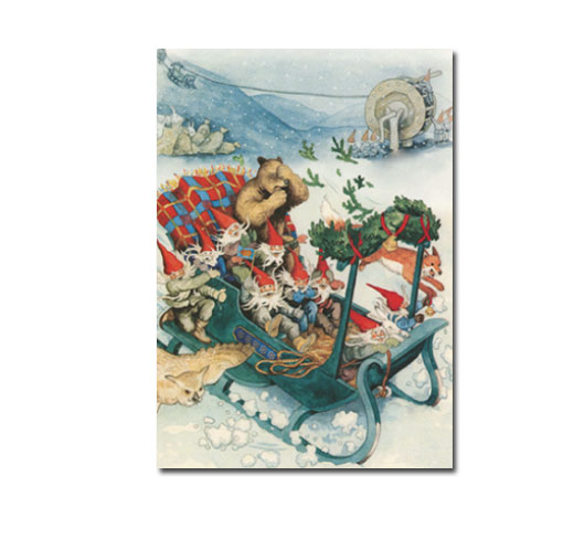 Postkarte Inge Löök "Zwerge fahren Schlitten mit Bär "  Löök Postkarte Weihnachten