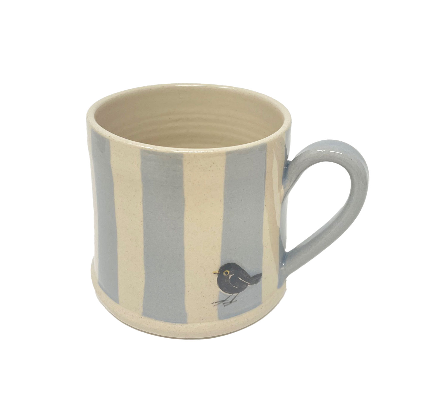 Jane Hogben Becher Vogel " Vogel schwarz " Farbe: Blau gestreift von der Hogben Pottery aus England   