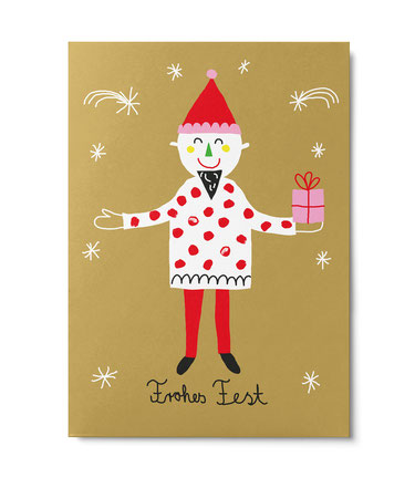 Postkarte Weihnachten "Frohes Fest" Wichtel von Annika Kelm, Unter Pinien 