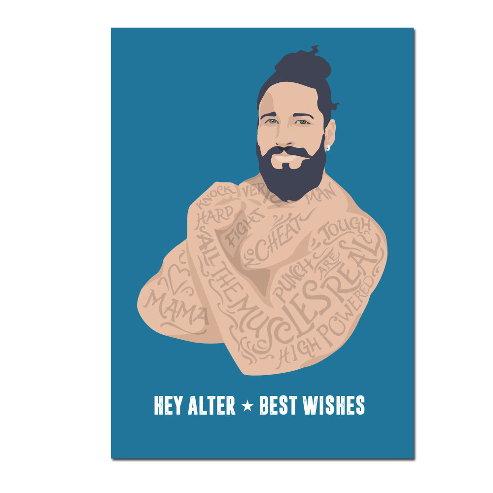Postkarte "Hey Alter best wishes" Mann, Tattoo, Geburstag, von Crisscross