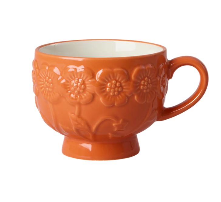 Rice Keramik Becher - Orange, Ceramic Mug with Embossed Flowers - Orange - 250 ml Tasse