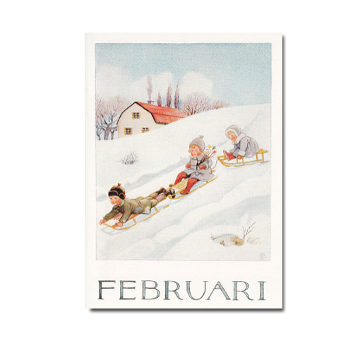 Postkarte -Februari (Schlitten fahren)  , Monat   