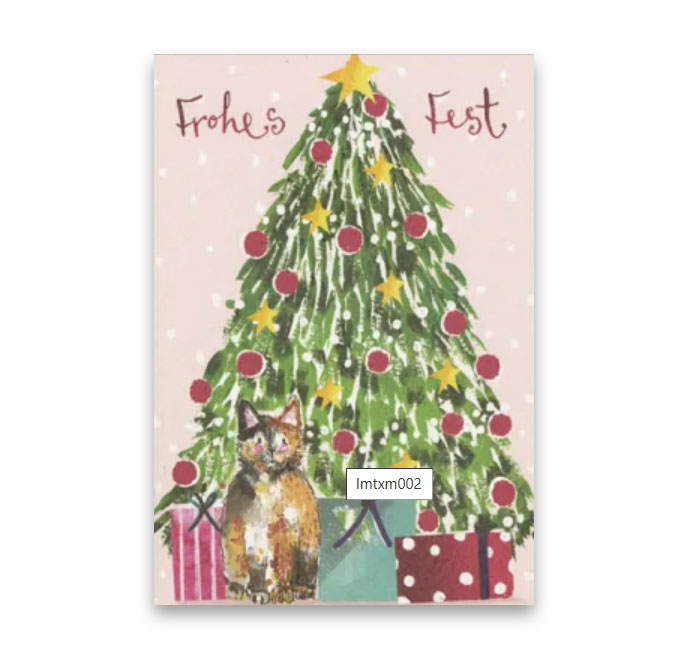 Doppelkarte Weihnachten "Frohes Fest" Katze vor Weihnachtsbaum von Louise Mulgrew  