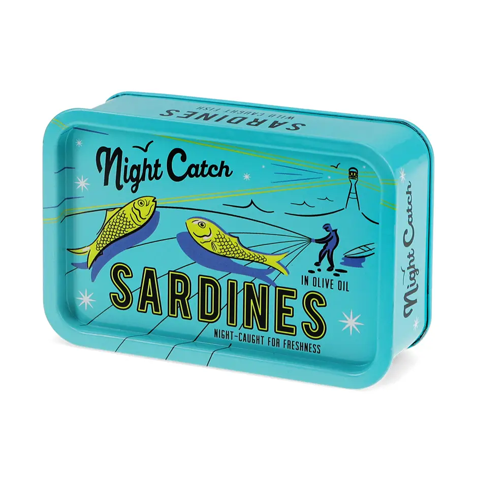 Mini-Aufbewahrungsdose mit Deckel – Sardinen, Fischdose Türkisblau
